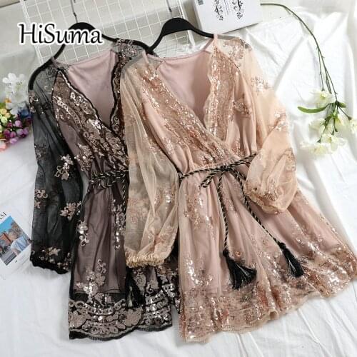 2021 Spring New Women V Collar Sequins Long Sleeve Gauze Jumpsuit Female Deep V Neck Waist Bling Lace Mesh Bodysuit