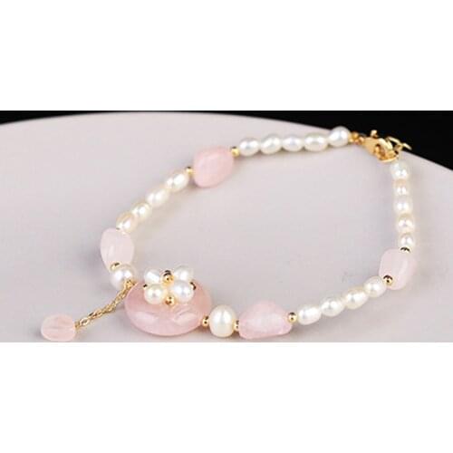Pink Stone Beads Bracelet Freshwater Pearl Pendant Bracelets For Women Wedding Party Jewelry Fashion Chain Cuff Bangle Accessori
