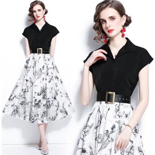 Retro Black V-neck Birthday Dress Women Shirt+Skirt Fashion Printing Big Hem Skirt Two-Piece Set with Belt Vestido Midi Elegante