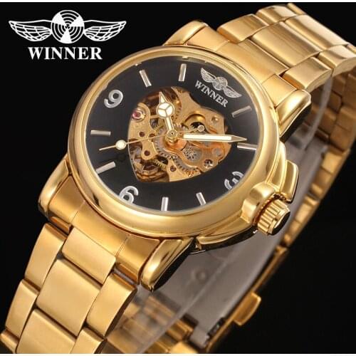 Elegant Gold Color Bracelet Alloy Case Black Dial luxury automatic watch for girl gift stylish relojes de mujer/ WRL8011M4G2
