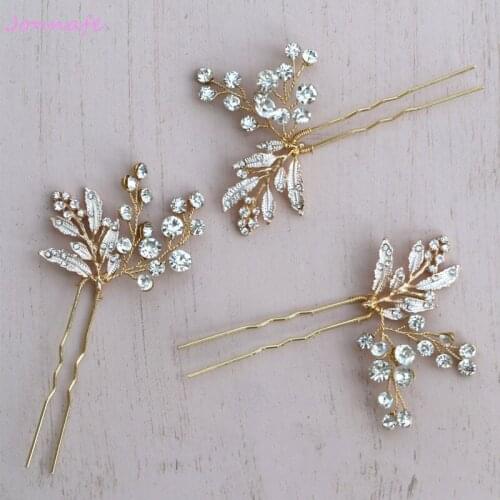 Jonnafe Gold Leaf Hair Pins Bridal Rhinestone Jewelry Wedding Accessories Hair Ornaments Women Headpiece Handmade