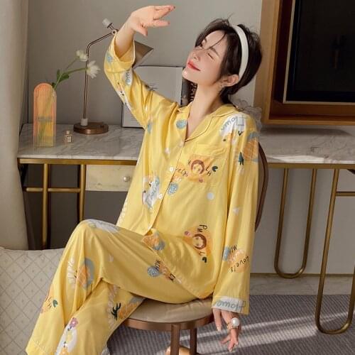 Cardigan Viscose Printed Pajamas Women Spring and Autumn Long-sleeved Lapel Japanese Loose Cotton Silk Large Size Home Service