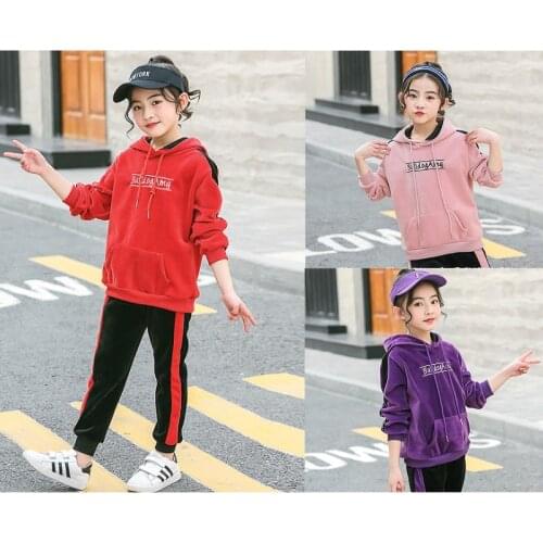 Hooyi Children Clothing Set Girls Velvet Hooded Sports Suits Girls Long Sleeves Tracksuit Sweatshirt Sweatpants Hoodies Outwear