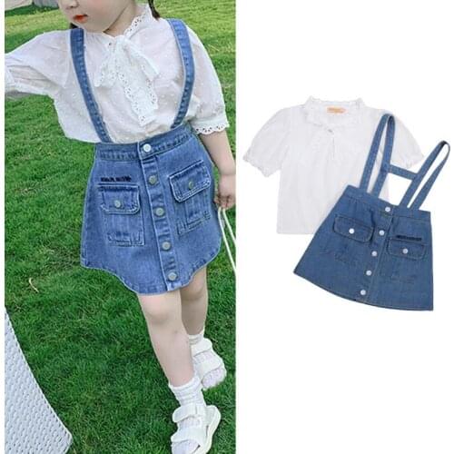 2 Pieces Kids Suit Set Girls Lace Trim Stand Collar Elbow Sleeve Shirt Suspender Skirt Summer Childrens Sets 2-10 Years