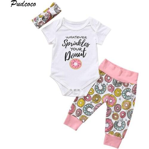 3PCS Set Cute Newborn Baby Boy Girl Clothes Short Sleeve Print Cotton Romper Bodysuit Tops+Long Pant Headband Outfit Kids Sets