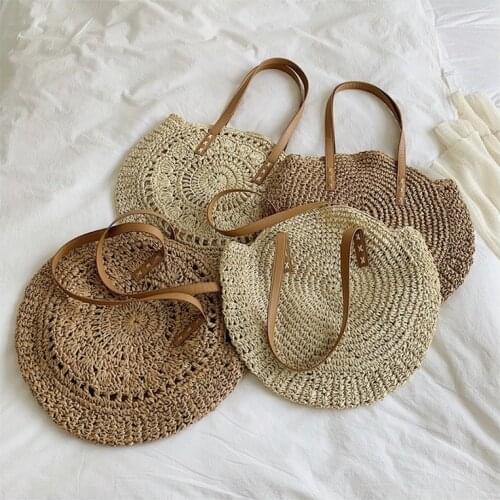 Round Straw Beach Bag Vintage Handmade Woven Shoulder Bag Raffia circle Rattan bags Bohemian Summer Vacation Casual Bags