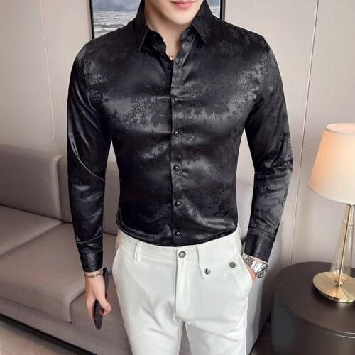 2021 Autumn Light Luxury Flower Shirt for Men Long Sleeve Slim Business Casual Dress Shirt Streetwear Social Party Chemise Homme