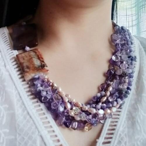 Lii JI Real Stone Purple Agate Pearl Ametrine Necklace Statement Big Necklace 59cm Women Jewelry Party Gift