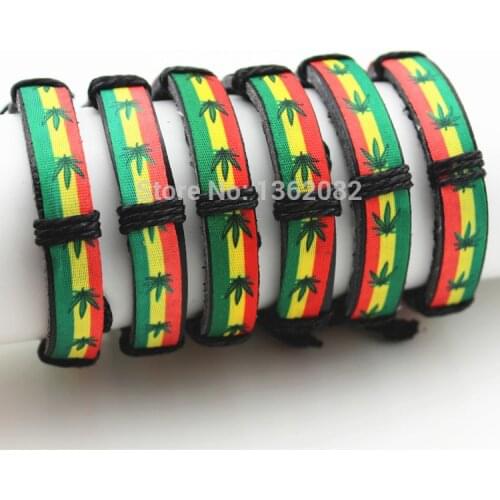 12pcs Handmade Fashion Red Yellow Green Weed Leaf Design Maple Leaves Leather Bracelets Surfer Bangle Gift YB93