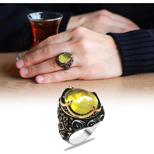 Tesbihane Natural Amber Drop Cubic Zirconia Zircon Stone Mıhlamalı 925 Sterling Silver Men 'S Ring