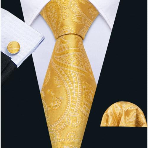 Mens Wedding Tie Gold Paisley Silk Tie Hanky Set Barry.Wang Jacquard Woven Fashion Designer Neck Ties For Men Party FA-5220