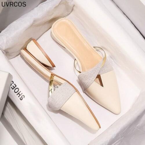 Elegant Low Heel Women Mules Summer Sexy Pointed-Toe Ladies Slippers Slip on Leisure Ladies Office Shoes Beige Pumps Female