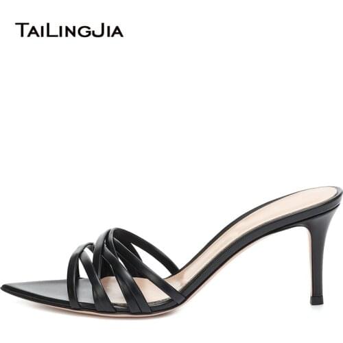 Black Pointed Open Toe High Heel Mules Women White Heeled Sandals Ladies Heels Slippers Slides Summer Shoes Big Size Footwear