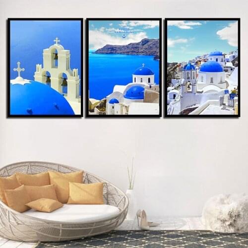 Nordic Style Aegean Sea Pictures Wall Art Santorini Blue Top Church Painting Modern Canvas Posters And Prints Living Room Decor