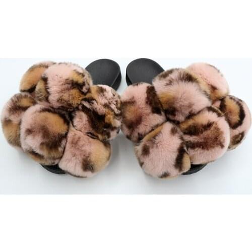 Newest Fur Slide Real Rabbit Fur Slipper Women Home Flat Sandal Fashion Leopard Print Slide Shoes