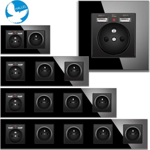 Crystal Black French Power Socket USB 2.1A Rapid Charger Multi Frame Mount Box, Français Socket EU Poland 110-250V 16A Outlet