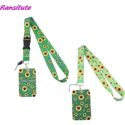 Ransitute R1488 Green Sunflower Hidden Disability Lanyard Card ID Holder Business Card Car KeyChain Key Ring Holder Jewelry