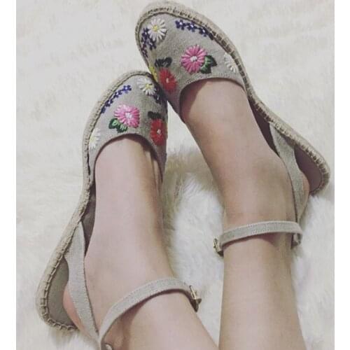 Chinese Elements Ethnic Flower Embroidery Floral Fisherman Women Casual Sandals Flat Shoes Round Toe Espadrille