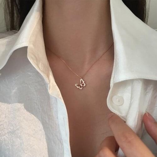 925 Sterling Silver Zircon Butterfly Charm Pendant Choker Korean Necklace Wedding Jewelry For Women dz743