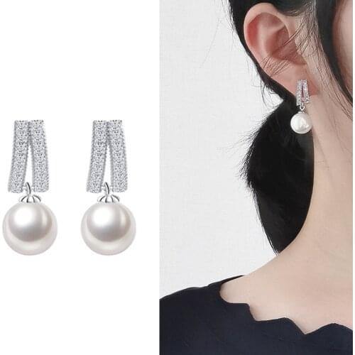 Trendy Shinning Cubic Zircon Crystal Earrings for Women Imitation Pearl Drop Dangle Earrings Bridal Wedding Jewelry Accessories