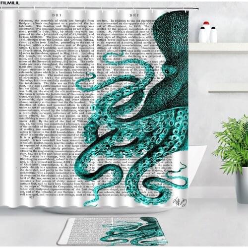 Octopus Shower Curtains Bath Mats Set Ocean Animals Retro Old Newspaper Backdrop Design Non-slip Door Rugs Bathroom Carpet Decor