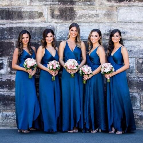 Navy Blue Bridesmaid Dress A-Line Spaghetti Straps Deep V-Neck Backless Sleeveless Satin Floor Length Wedding Party Gowns 2021