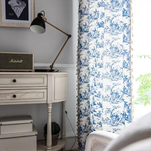 Yaapeet 1pc Waves Semi-shading Window Curtain for Bedroom Modern Curtain Retro Tassel Window Drapes Pastoral Blue Home Decor