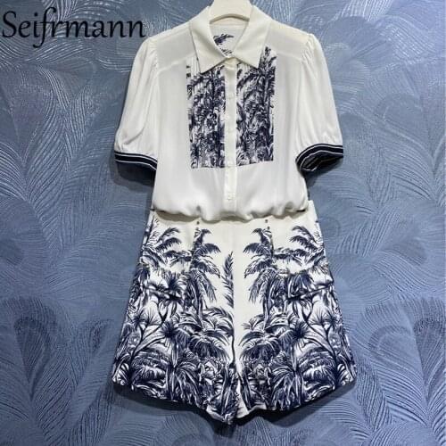 Seifrmann New 2021 Summer Women Fashion Runway Shorts Set Lantern Sleeve Loose Blouses + High Waist Vintage Printed Shorts Suits