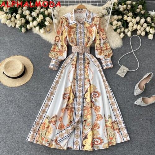 ALPHALMODA 2021 Autumn European Dresst Turn-down Collar Single Breasted Slim Mid-calf Vintage Printed Ladies' Dress