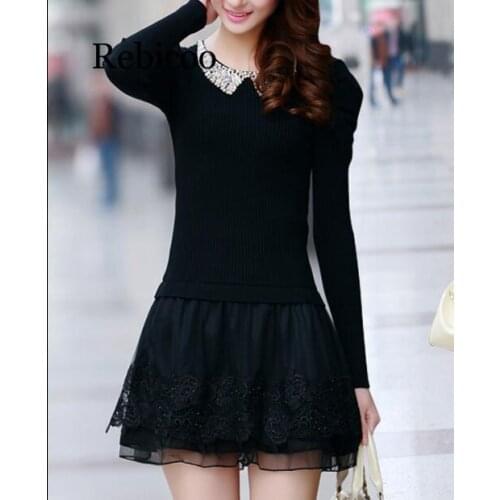 Women Sweater Dress Autumn Winter Long Sleeve Bodycon Dresses Elastic Lace Skinny Knitted Dress Robe Pull Femme Plus Size