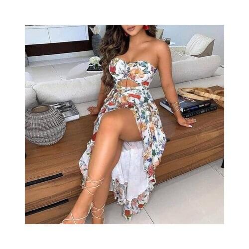 2021 New Arrival Famous Brand Dress Print Slash Neck Strapless Summer Beach Maxi Dress Vestidos