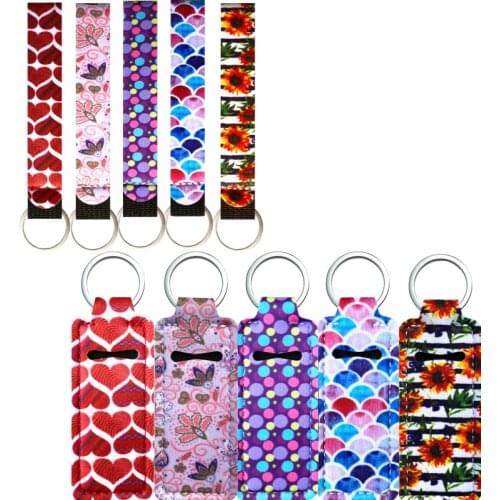 1set=2pcs Lip Balm Holder Keychain Hand Sanitizer Keychain Holder Lipstick Keychain Holder Neoprene Wristlet Keychain