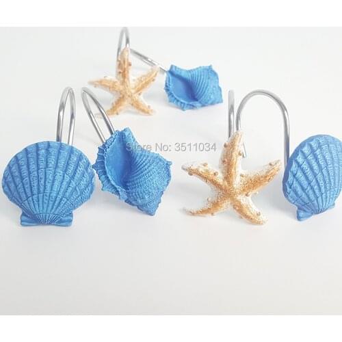 1bag 12pcs Ocean Series: blue shell conch, starfish resin hook, resin curtain hook, shower curtain hook
