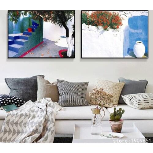 No frame Mediterranean blue house flower scenery canvas printings oil painting printed on cotton wall art decoration pictures