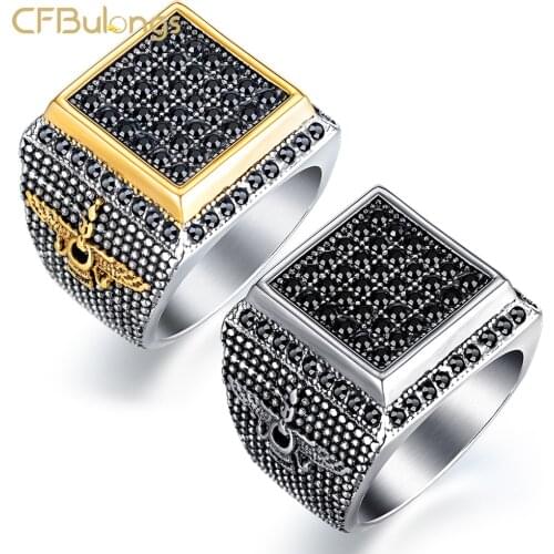 CFBulongs 2020 Hot Sale Turkish Black Gold CZ Zircon Mens Ring High Quality Stainless Steel Retro Punk Jewelry Business Ring