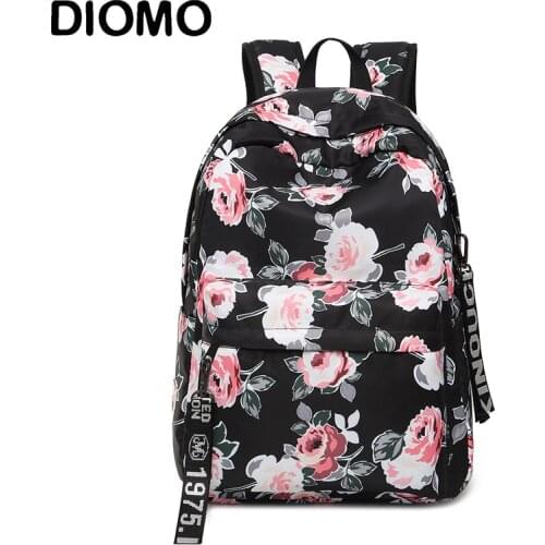 DIOMO Ladies' Schoolbag 2020 Flower Peony Pattern Backpack Elegant School Bag for Girls Vintage Bag