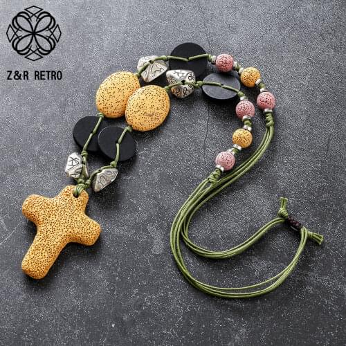 Long Necklace Jewelry for Women Bohemian Colored Cross Lava Stone Statement Rope Chains Pendants Handmade Suspension Accessories