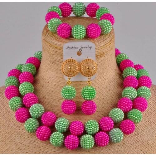 Elegant pale green fuchsia pink simulated pearl african wedding necklace nigerian beads jewelry set