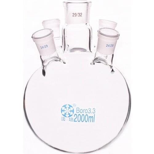 Five-necked flask oblique shape,with five necks standard grinding mouth 2000ml,Middle joint 29/32,lateral joint 24/29