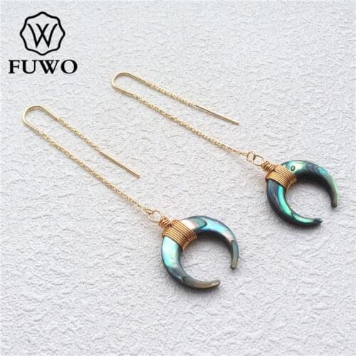 FUWO Natural Abalone Threader Earrings With Gold Brass Plated Fashion Double Horn Jewelry Wholesale ER517
