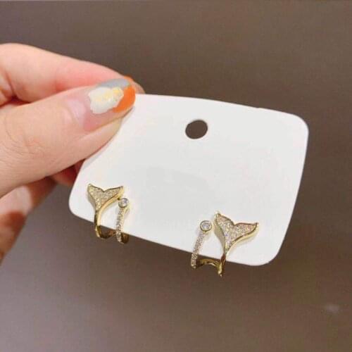 Korean Mermaid Tail French Clip Earrings Crystal Fish Tail Fake Piercing Ear Cuff Clip on Earrings for Women Girls Jewelry