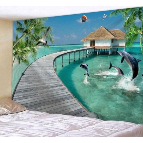 Digitally Printed Ocean Cabin Tapestry Beautiful Wooden Bridge Wall Decoration Living Room Bedroom Background