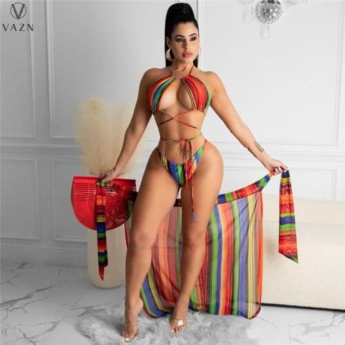 VAZN 2021 Summer Bikini Clubwear Bandage Striped V-Neck Sleeveless Sport Clothing Suits 3 Piece Set Women Top And Pant
