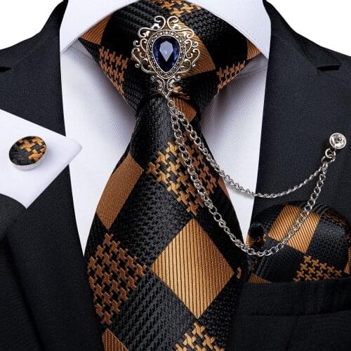 New Fashion 8cm Neckties Mens Gold Black Check Silk Ties Pocket Square Cufflinks Brooch Set Business Wedding Party Ties DiBanGu