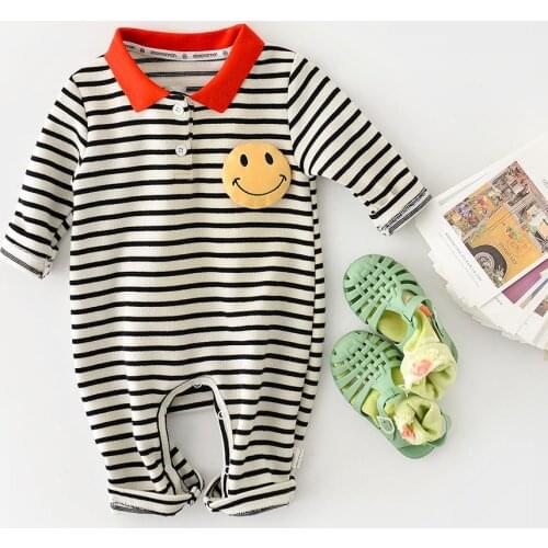 2021 Autumn New Baby Striped Romper Cute Smiley Print Long Sleeve Jumpsuit For Boys And Girls Cotton Newborn Infant Clothes