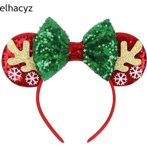 1PC New Christmas Mouse Ears Headband Snowflake Festival Sequins Bows Hairband Girls Hair Accessories For Women DIY Xmas Party