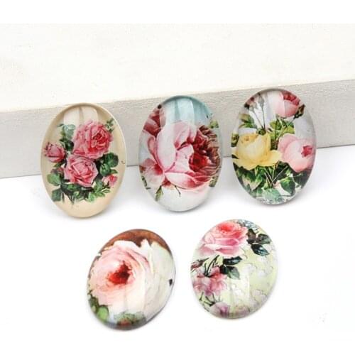 Reidgaller 20pcs oval cabochon glass 18x25mm mixed rose flower photo pattern diy handmade pendant earrings cabochons