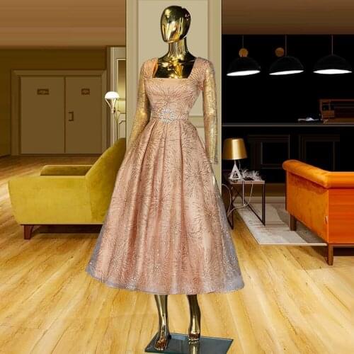 Blush Pink vestidos formales cortos A-line abiti da cocktail Square Neckline Fireworks Net Illusion Sleeves robe cocktail femme