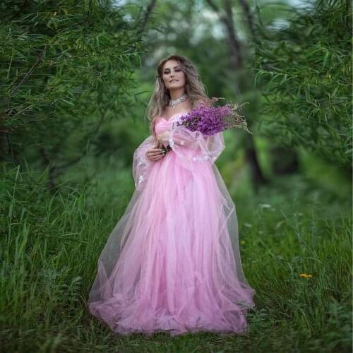 Pink Elegant Strapless Sweetheart Evening Dress Applique Tulle Ruffles Lace Flower Photography Ball Gown Custom Made Plus Size