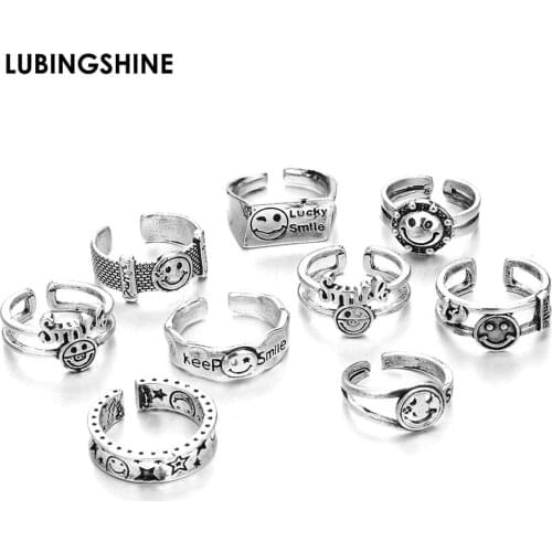 Retro Silver Color Smiley Ring Fashion Punk Adjustable Opening Finger Rings for Women Men Jewelry Accessories Bijoux Gifts